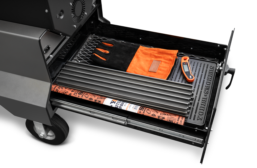YS480s Pellet Grill on Competition Cart with Stainless Steel Shelves and Drawer