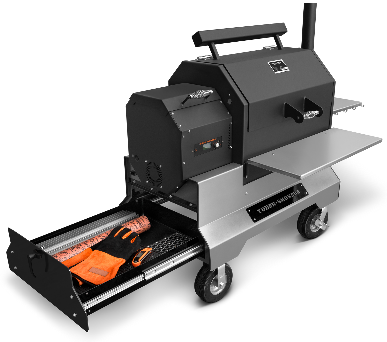 YS640s Pellet Grill on Competition Cart with Stainless Steel Shelves and Drawer