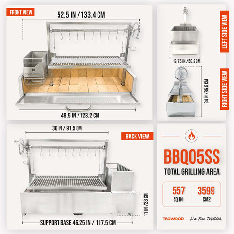 TAGWOOD Built-In Argentine Santa Maria Wood Fire &amp; Charcoal Gaucho Grill